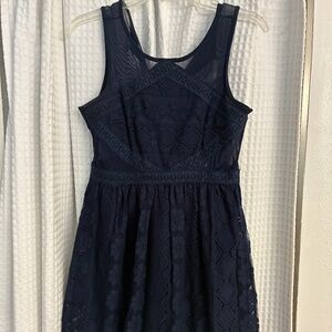 Short Navy Lace Dress with Sheer Panels